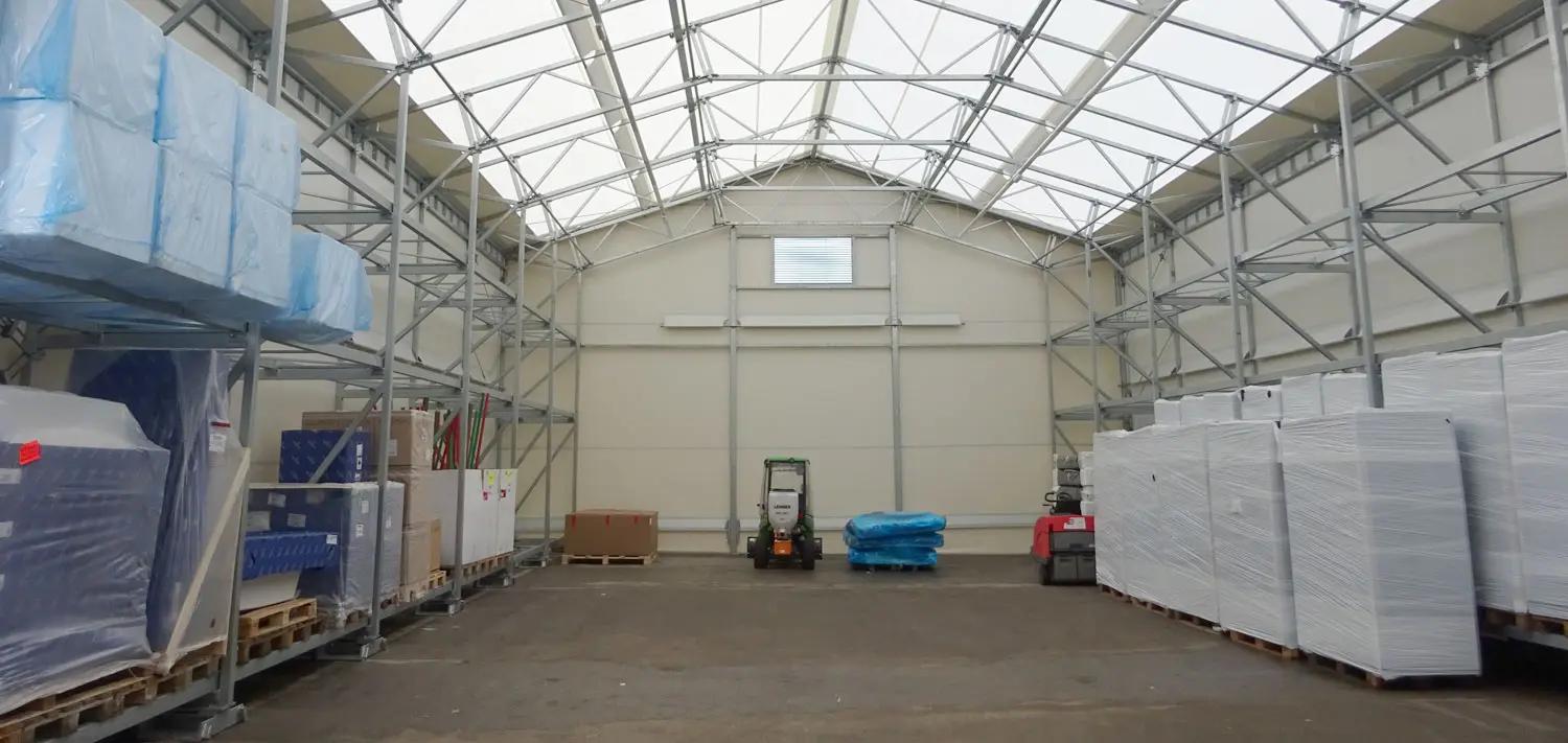 storage fabric structure with racks