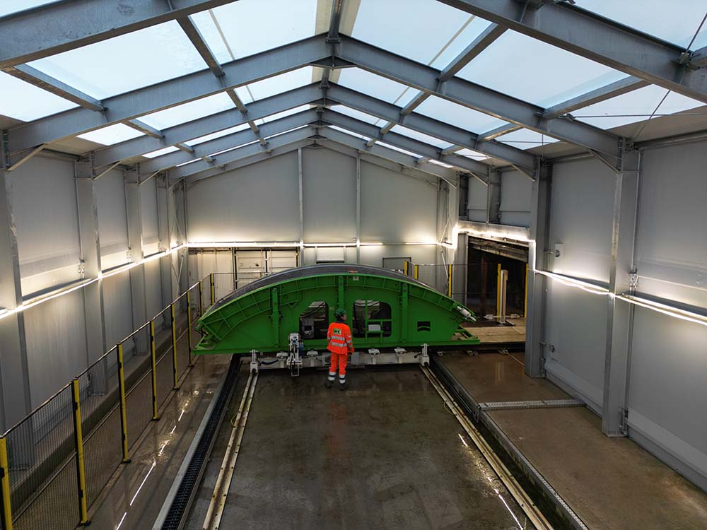 Schwarzmann fabric structure for Implenia protecting the production of concrete elements for the Gotthard Tunnel.