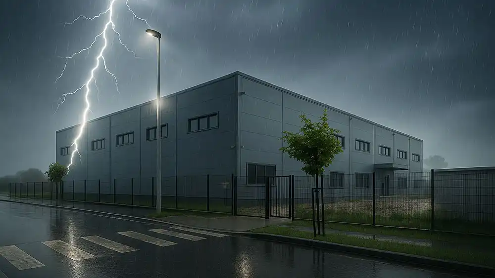 Lightning strike on a steel hall