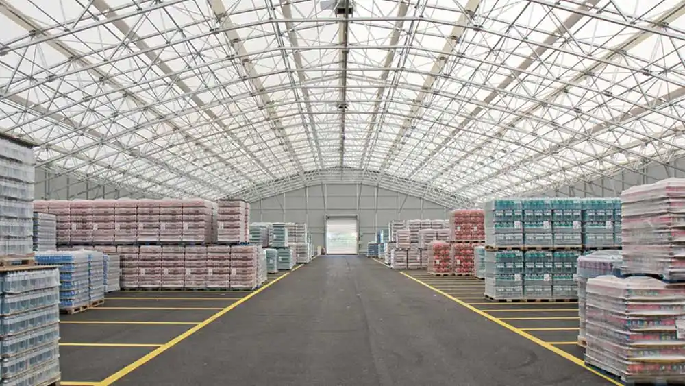Interior of a spacious tent warehouse without intermediate columns