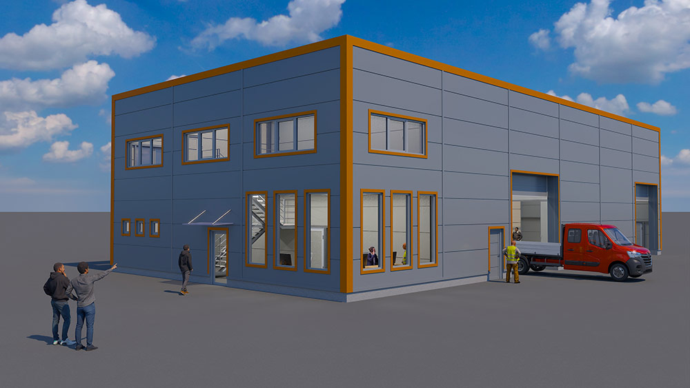 3D visualisation of the commercial and service steel hall for Renting, featuring a grey façade with yellow accents.